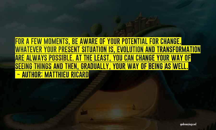 Matthieu Ricard Quotes: For A Few Moments, Be Aware Of Your Potential For Change. Whatever Your Present Situation Is, Evolution And Transformation Are