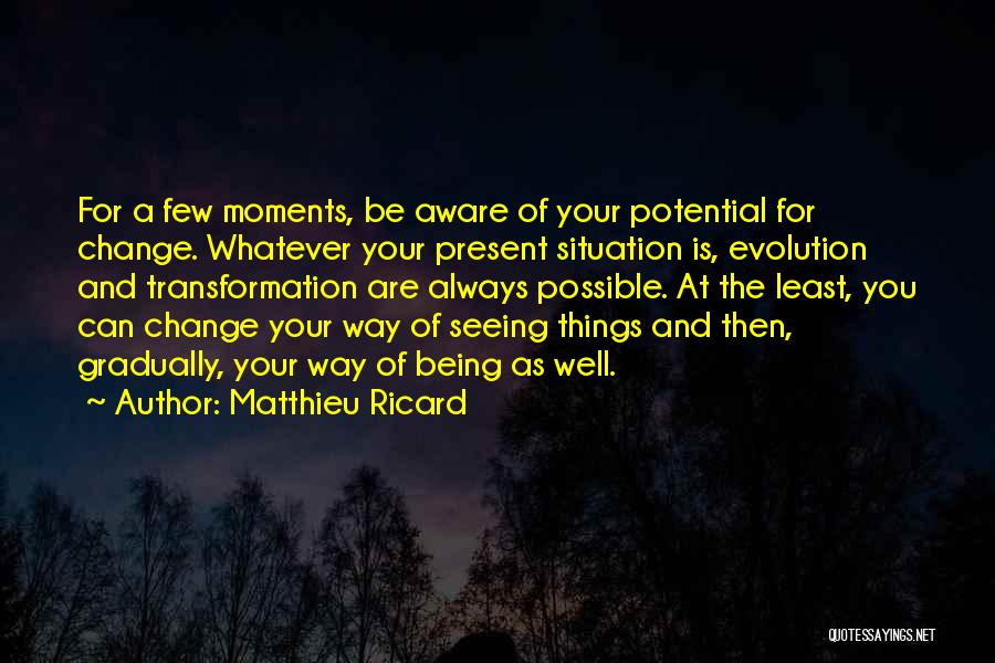 Matthieu Ricard Quotes: For A Few Moments, Be Aware Of Your Potential For Change. Whatever Your Present Situation Is, Evolution And Transformation Are