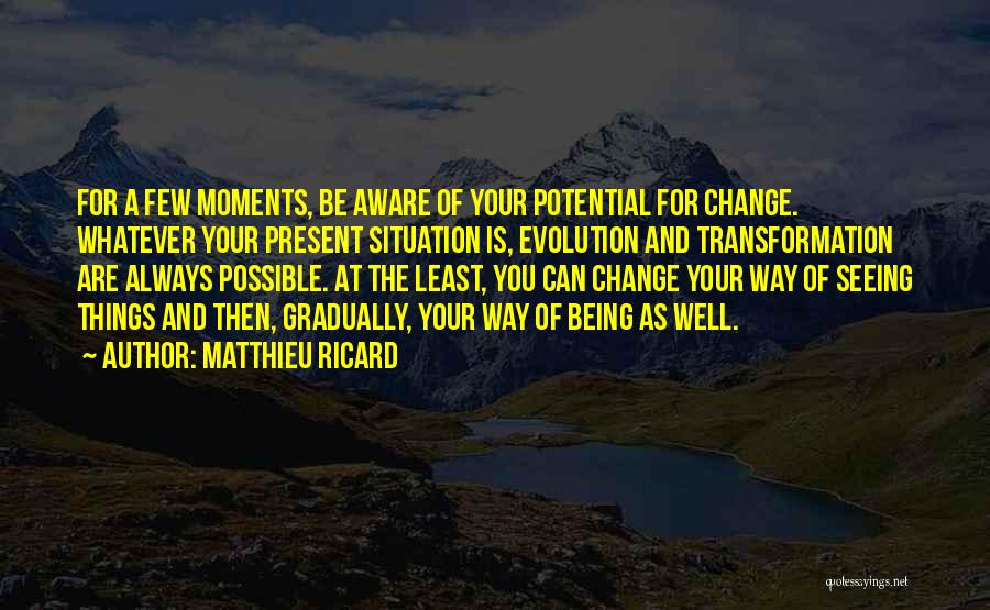 Matthieu Ricard Quotes: For A Few Moments, Be Aware Of Your Potential For Change. Whatever Your Present Situation Is, Evolution And Transformation Are