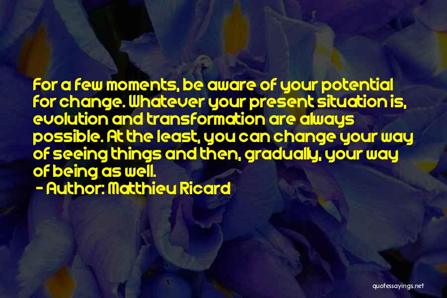 Matthieu Ricard Quotes: For A Few Moments, Be Aware Of Your Potential For Change. Whatever Your Present Situation Is, Evolution And Transformation Are