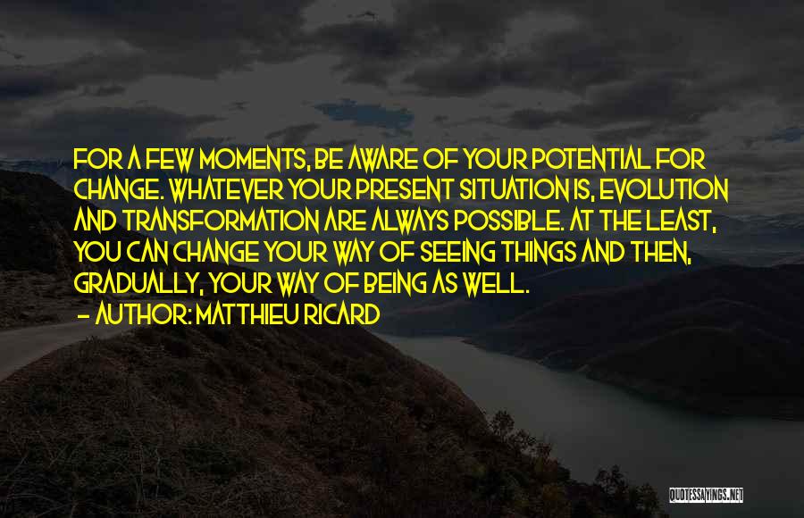 Matthieu Ricard Quotes: For A Few Moments, Be Aware Of Your Potential For Change. Whatever Your Present Situation Is, Evolution And Transformation Are