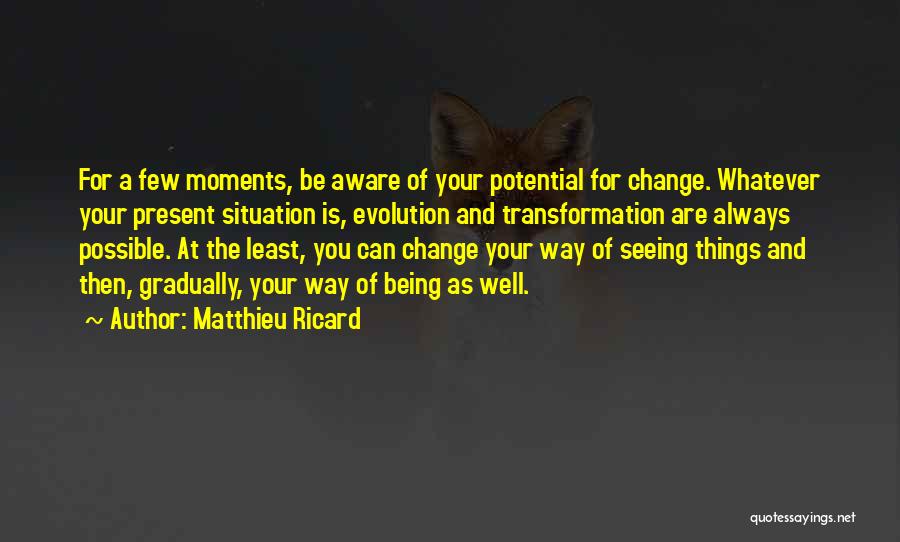 Matthieu Ricard Quotes: For A Few Moments, Be Aware Of Your Potential For Change. Whatever Your Present Situation Is, Evolution And Transformation Are