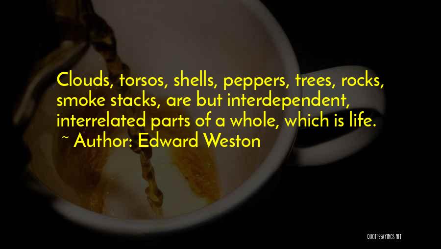 Edward Weston Quotes: Clouds, Torsos, Shells, Peppers, Trees, Rocks, Smoke Stacks, Are But Interdependent, Interrelated Parts Of A Whole, Which Is Life.