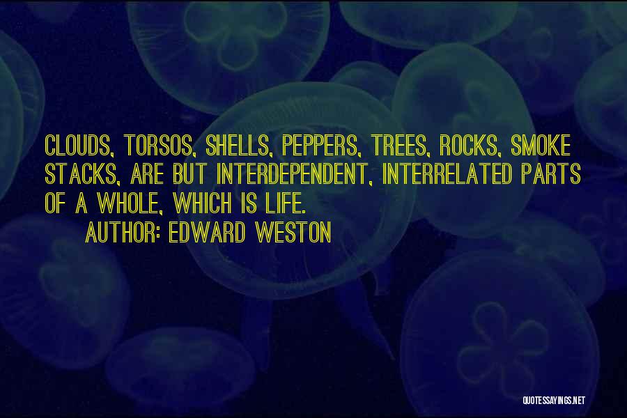 Edward Weston Quotes: Clouds, Torsos, Shells, Peppers, Trees, Rocks, Smoke Stacks, Are But Interdependent, Interrelated Parts Of A Whole, Which Is Life.