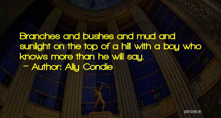 Ally Condie Quotes: Branches And Bushes And Mud And Sunlight On The Top Of A Hill With A Boy Who Knows More Than