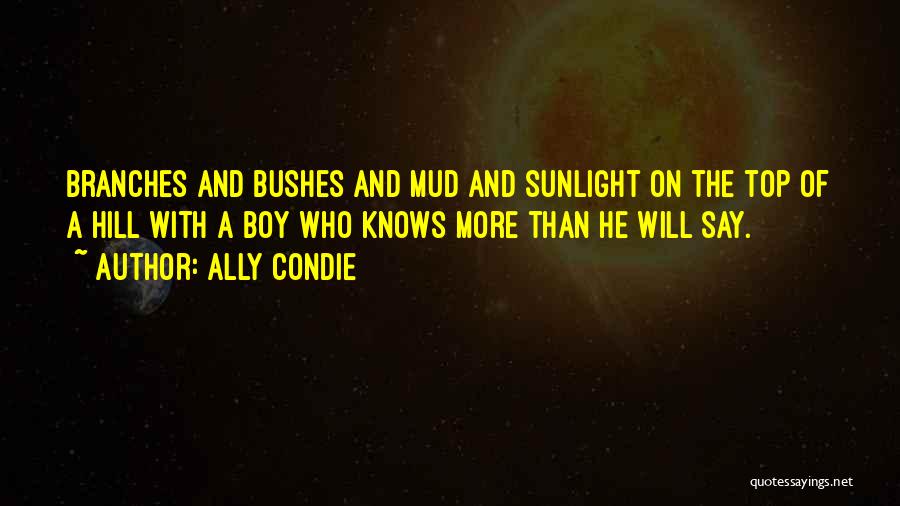 Ally Condie Quotes: Branches And Bushes And Mud And Sunlight On The Top Of A Hill With A Boy Who Knows More Than