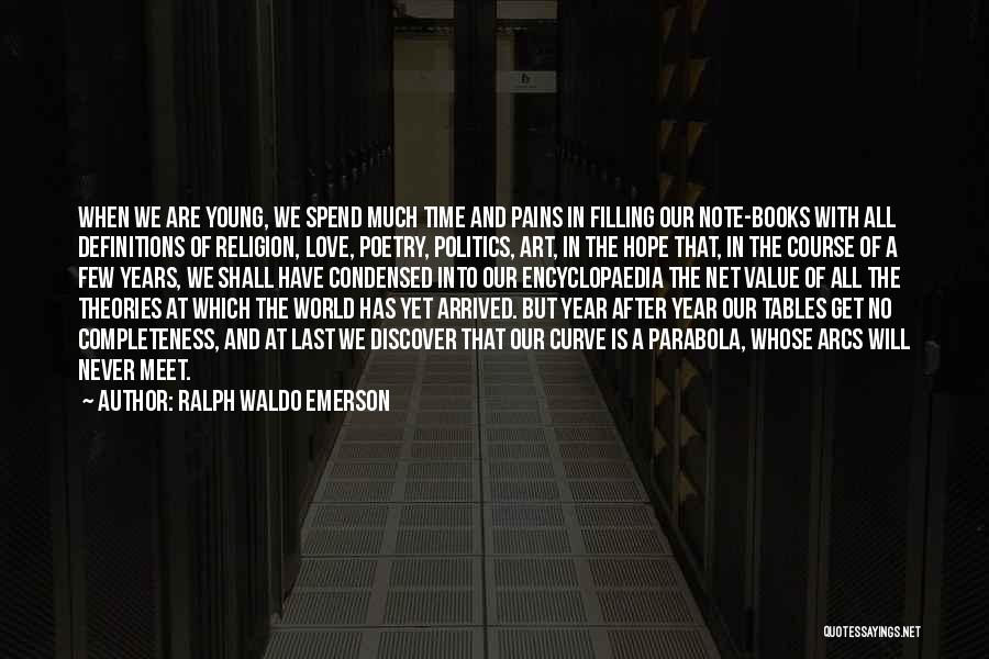 Ralph Waldo Emerson Quotes: When We Are Young, We Spend Much Time And Pains In Filling Our Note-books With All Definitions Of Religion, Love,