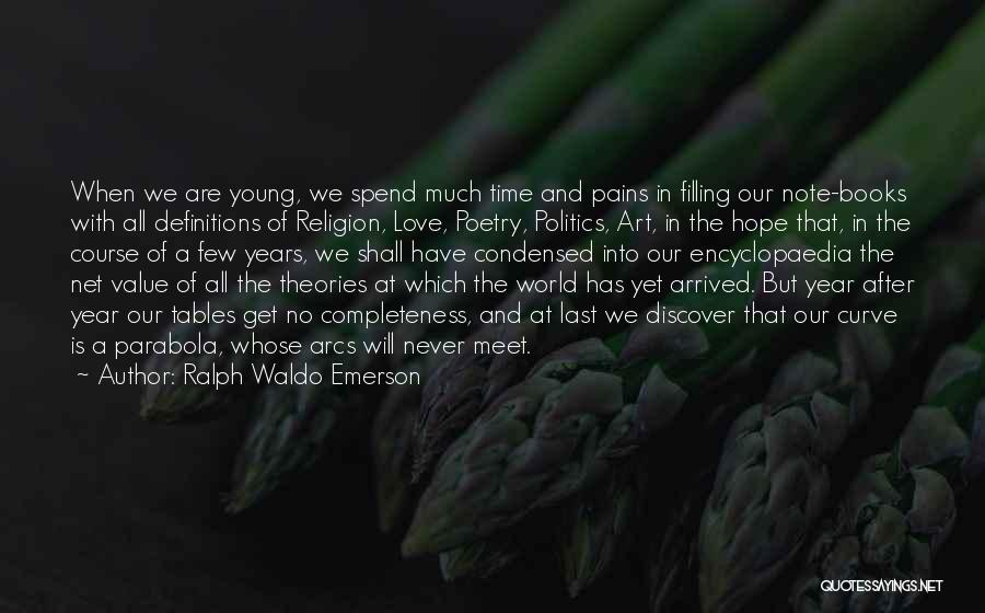 Ralph Waldo Emerson Quotes: When We Are Young, We Spend Much Time And Pains In Filling Our Note-books With All Definitions Of Religion, Love,