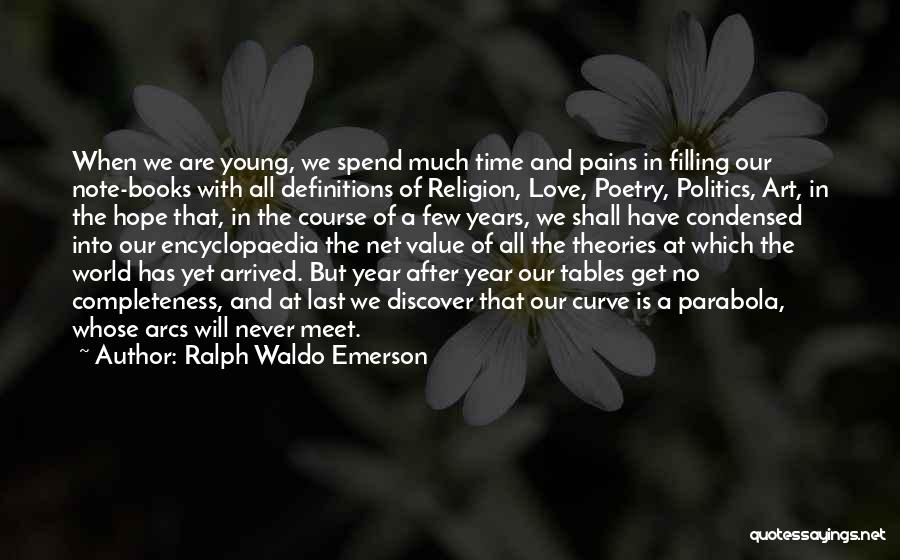 Ralph Waldo Emerson Quotes: When We Are Young, We Spend Much Time And Pains In Filling Our Note-books With All Definitions Of Religion, Love,