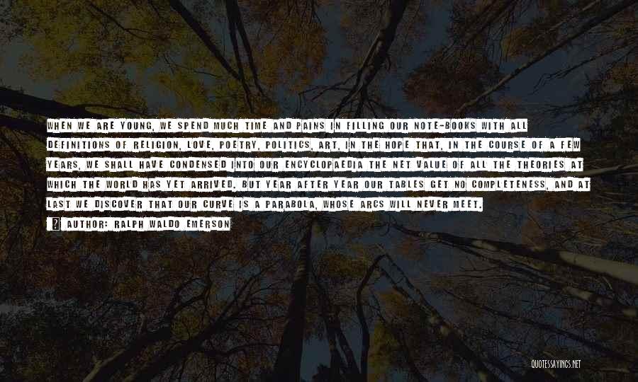 Ralph Waldo Emerson Quotes: When We Are Young, We Spend Much Time And Pains In Filling Our Note-books With All Definitions Of Religion, Love,