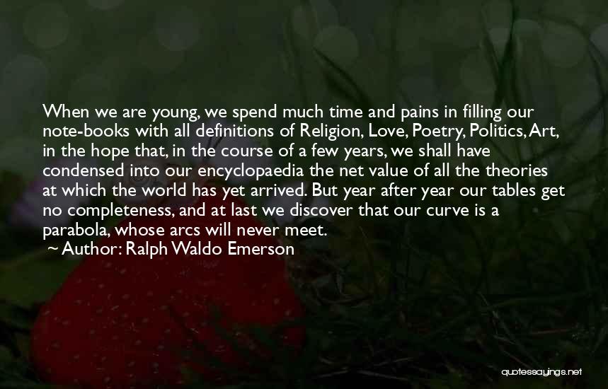 Ralph Waldo Emerson Quotes: When We Are Young, We Spend Much Time And Pains In Filling Our Note-books With All Definitions Of Religion, Love,