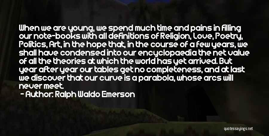 Ralph Waldo Emerson Quotes: When We Are Young, We Spend Much Time And Pains In Filling Our Note-books With All Definitions Of Religion, Love,