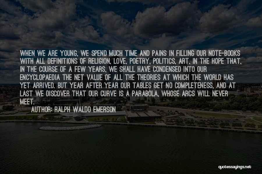 Ralph Waldo Emerson Quotes: When We Are Young, We Spend Much Time And Pains In Filling Our Note-books With All Definitions Of Religion, Love,