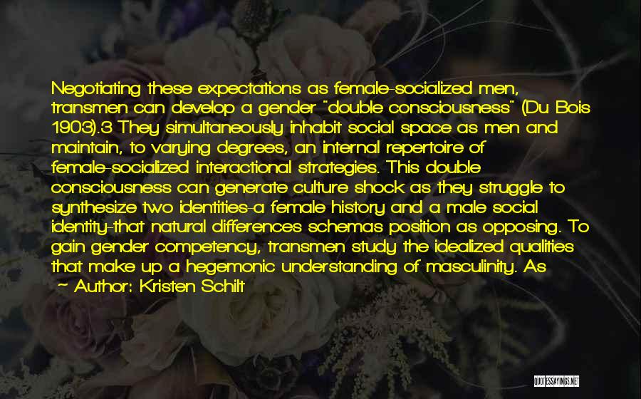 Kristen Schilt Quotes: Negotiating These Expectations As Female-socialized Men, Transmen Can Develop A Gender Double Consciousness (du Bois 1903).3 They Simultaneously Inhabit Social