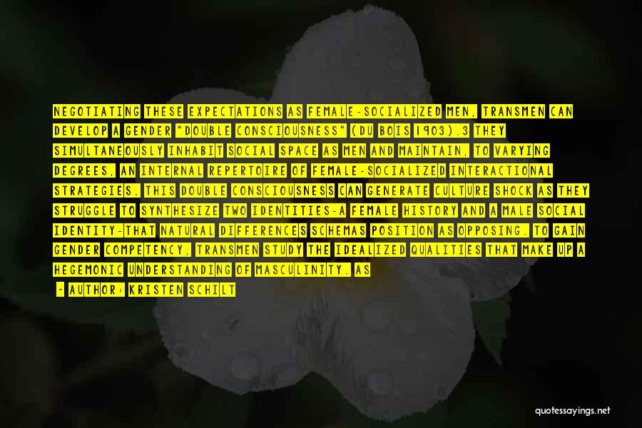 Kristen Schilt Quotes: Negotiating These Expectations As Female-socialized Men, Transmen Can Develop A Gender Double Consciousness (du Bois 1903).3 They Simultaneously Inhabit Social