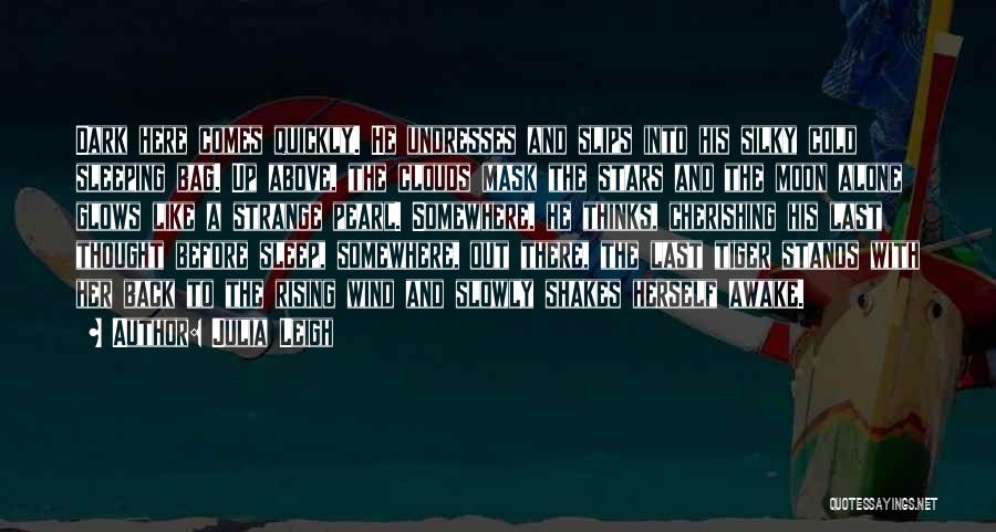 Julia Leigh Quotes: Dark Here Comes Quickly. He Undresses And Slips Into His Silky Cold Sleeping Bag. Up Above, The Clouds Mask The