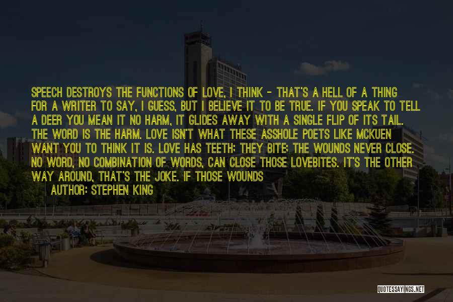 Stephen King Quotes: Speech Destroys The Functions Of Love, I Think - That's A Hell Of A Thing For A Writer To Say,