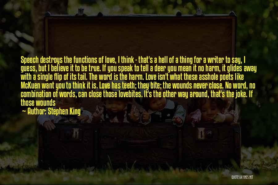 Stephen King Quotes: Speech Destroys The Functions Of Love, I Think - That's A Hell Of A Thing For A Writer To Say,