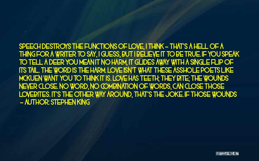 Stephen King Quotes: Speech Destroys The Functions Of Love, I Think - That's A Hell Of A Thing For A Writer To Say,