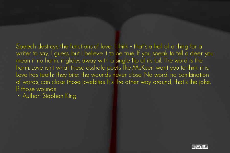 Stephen King Quotes: Speech Destroys The Functions Of Love, I Think - That's A Hell Of A Thing For A Writer To Say,