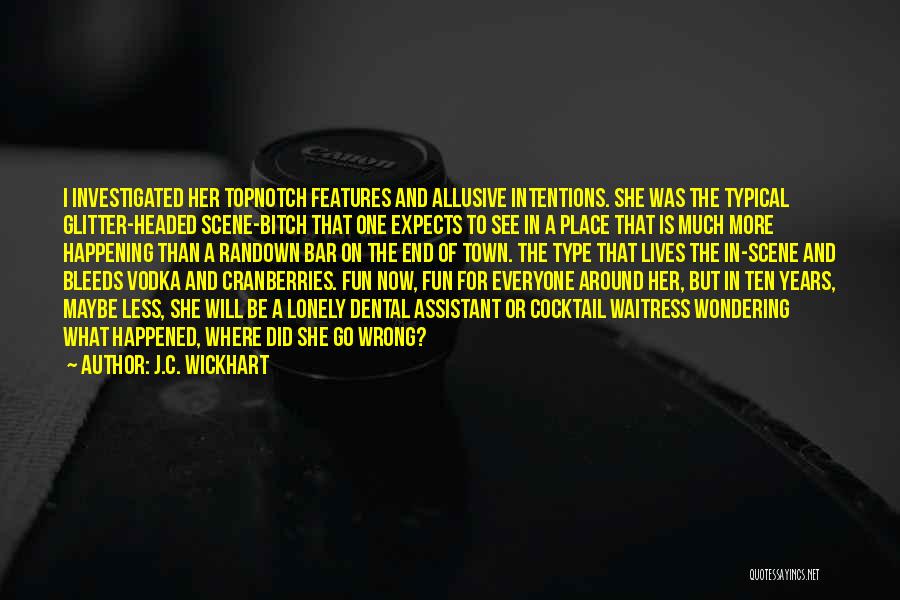 J.C. Wickhart Quotes: I Investigated Her Topnotch Features And Allusive Intentions. She Was The Typical Glitter-headed Scene-bitch That One Expects To See In