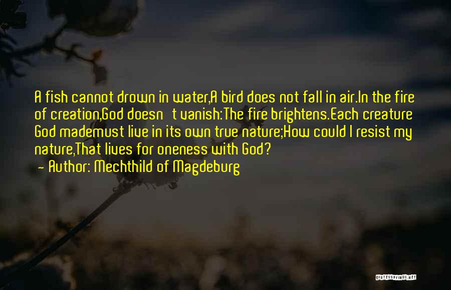 Mechthild Of Magdeburg Quotes: A Fish Cannot Drown In Water,a Bird Does Not Fall In Air.in The Fire Of Creation,god Doesn't Vanish:the Fire Brightens.each