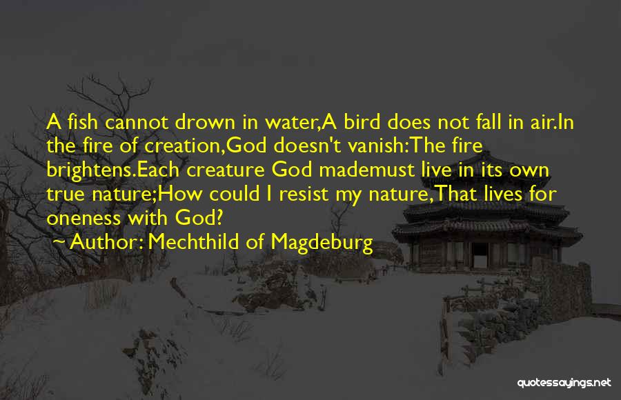 Mechthild Of Magdeburg Quotes: A Fish Cannot Drown In Water,a Bird Does Not Fall In Air.in The Fire Of Creation,god Doesn't Vanish:the Fire Brightens.each