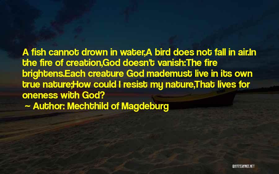 Mechthild Of Magdeburg Quotes: A Fish Cannot Drown In Water,a Bird Does Not Fall In Air.in The Fire Of Creation,god Doesn't Vanish:the Fire Brightens.each