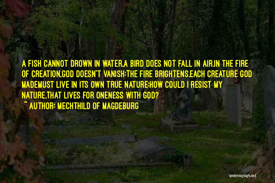 Mechthild Of Magdeburg Quotes: A Fish Cannot Drown In Water,a Bird Does Not Fall In Air.in The Fire Of Creation,god Doesn't Vanish:the Fire Brightens.each