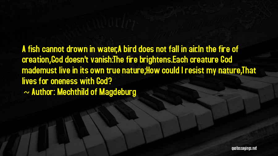 Mechthild Of Magdeburg Quotes: A Fish Cannot Drown In Water,a Bird Does Not Fall In Air.in The Fire Of Creation,god Doesn't Vanish:the Fire Brightens.each