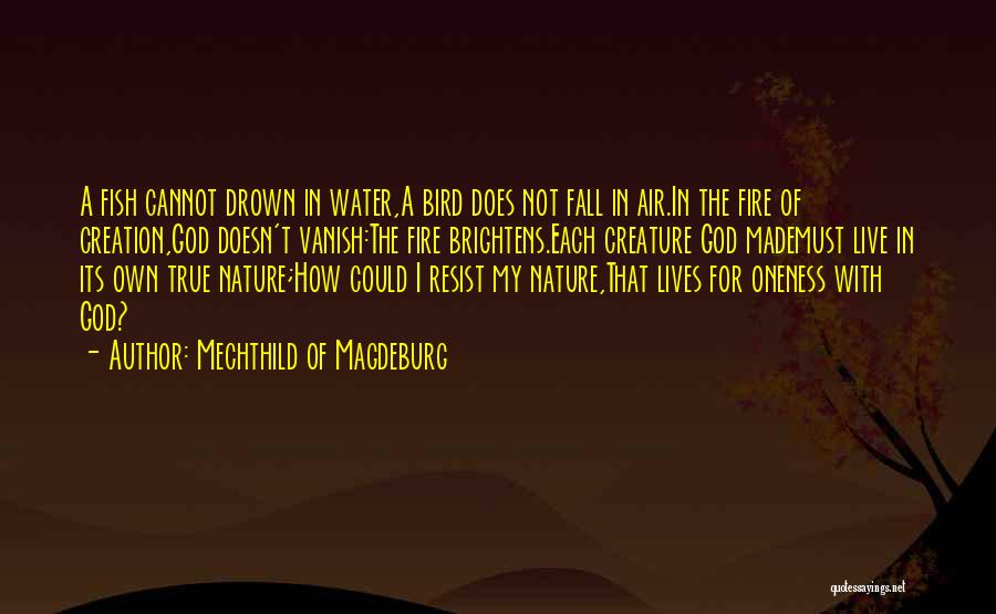 Mechthild Of Magdeburg Quotes: A Fish Cannot Drown In Water,a Bird Does Not Fall In Air.in The Fire Of Creation,god Doesn't Vanish:the Fire Brightens.each