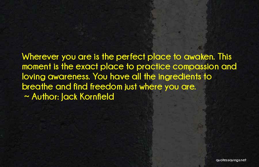 Jack Kornfield Quotes: Wherever You Are Is The Perfect Place To Awaken. This Moment Is The Exact Place To Practice Compassion And Loving