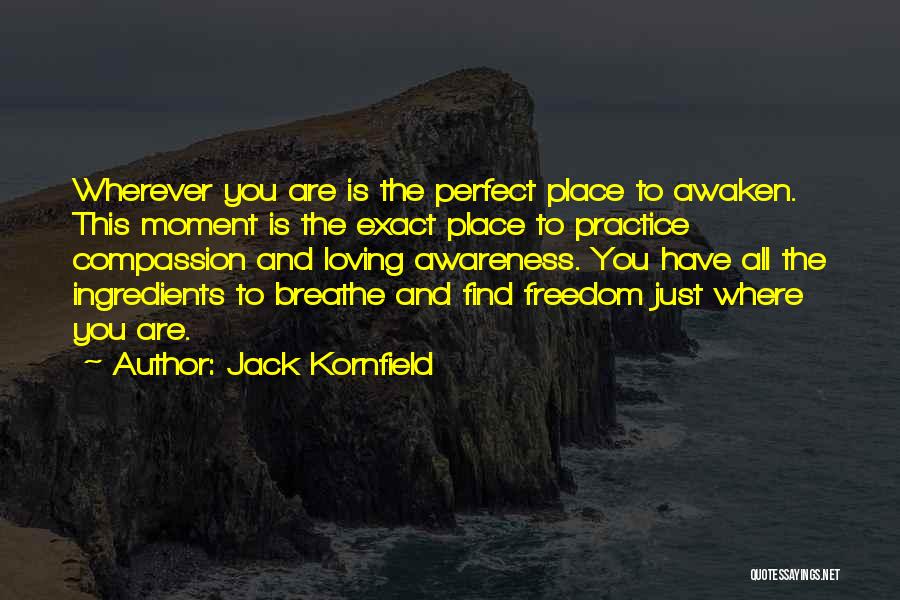 Jack Kornfield Quotes: Wherever You Are Is The Perfect Place To Awaken. This Moment Is The Exact Place To Practice Compassion And Loving