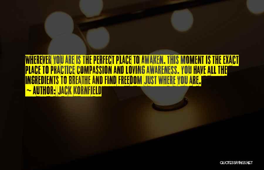 Jack Kornfield Quotes: Wherever You Are Is The Perfect Place To Awaken. This Moment Is The Exact Place To Practice Compassion And Loving