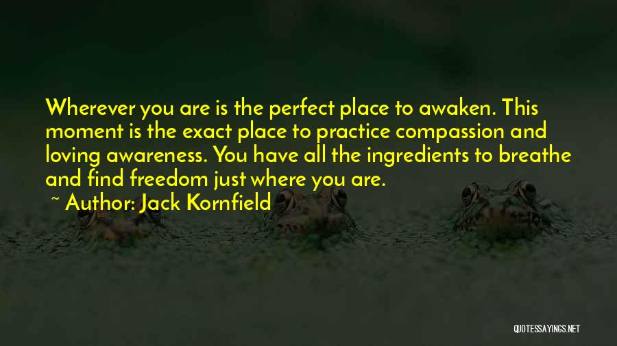 Jack Kornfield Quotes: Wherever You Are Is The Perfect Place To Awaken. This Moment Is The Exact Place To Practice Compassion And Loving