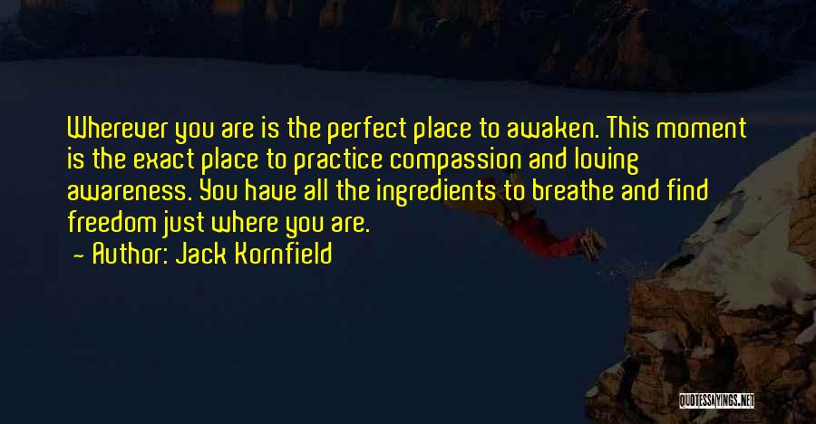 Jack Kornfield Quotes: Wherever You Are Is The Perfect Place To Awaken. This Moment Is The Exact Place To Practice Compassion And Loving