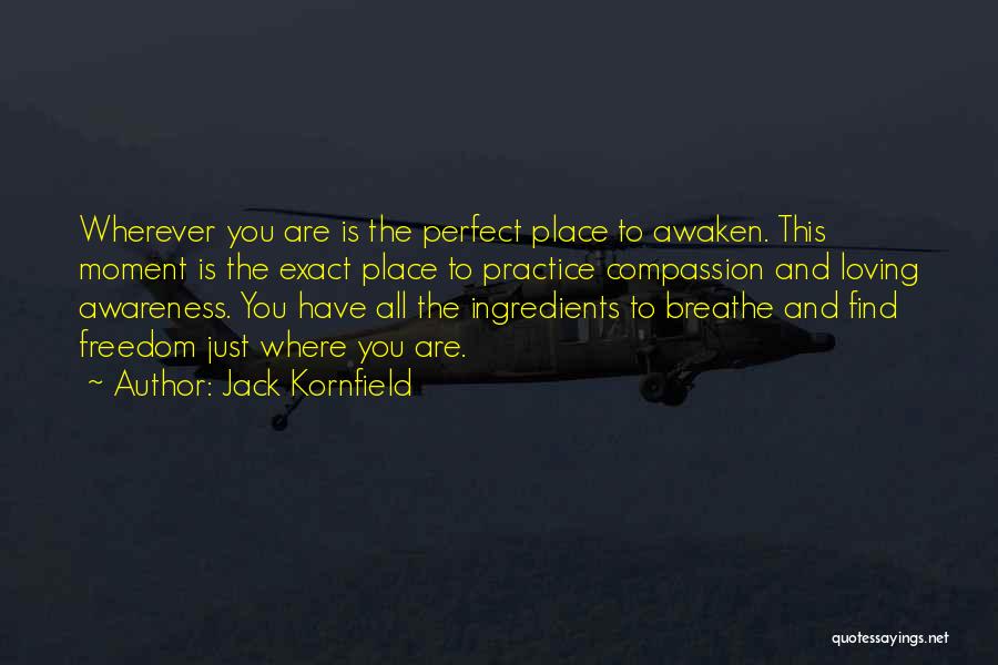 Jack Kornfield Quotes: Wherever You Are Is The Perfect Place To Awaken. This Moment Is The Exact Place To Practice Compassion And Loving