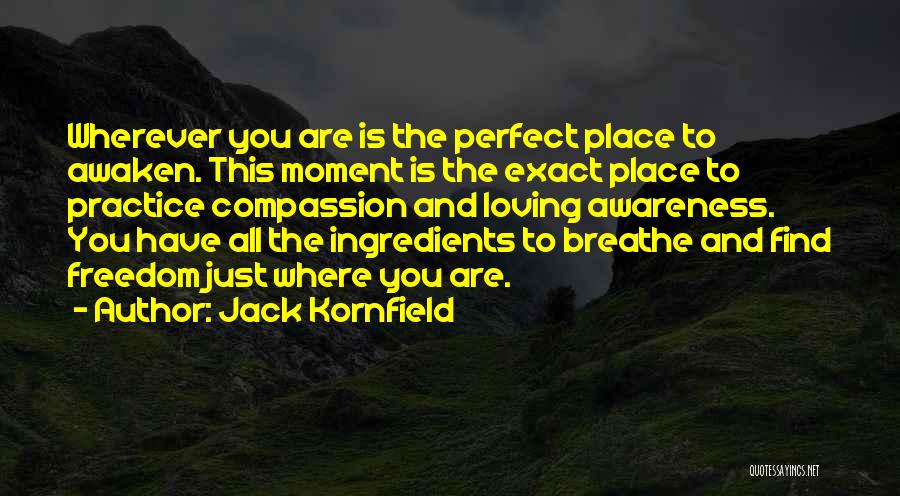 Jack Kornfield Quotes: Wherever You Are Is The Perfect Place To Awaken. This Moment Is The Exact Place To Practice Compassion And Loving
