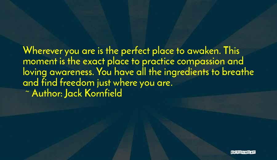 Jack Kornfield Quotes: Wherever You Are Is The Perfect Place To Awaken. This Moment Is The Exact Place To Practice Compassion And Loving