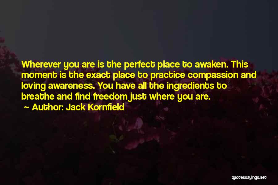 Jack Kornfield Quotes: Wherever You Are Is The Perfect Place To Awaken. This Moment Is The Exact Place To Practice Compassion And Loving