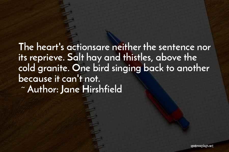 Jane Hirshfield Quotes: The Heart's Actionsare Neither The Sentence Nor Its Reprieve. Salt Hay And Thistles, Above The Cold Granite. One Bird Singing