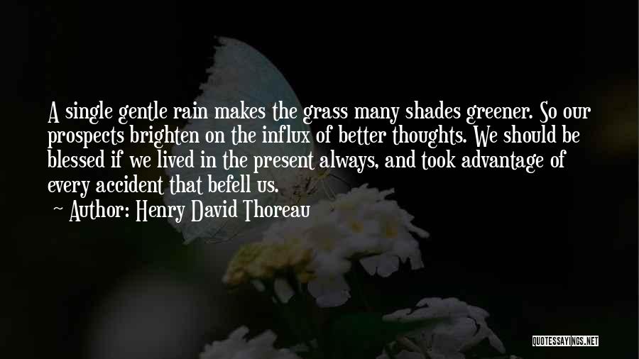 Henry David Thoreau Quotes: A Single Gentle Rain Makes The Grass Many Shades Greener. So Our Prospects Brighten On The Influx Of Better Thoughts.