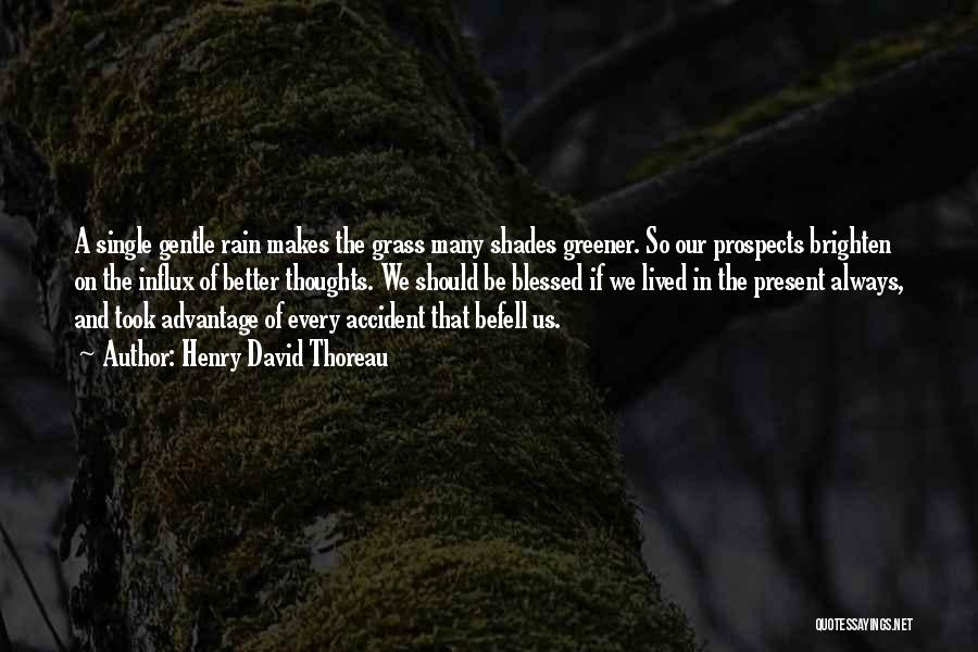 Henry David Thoreau Quotes: A Single Gentle Rain Makes The Grass Many Shades Greener. So Our Prospects Brighten On The Influx Of Better Thoughts.