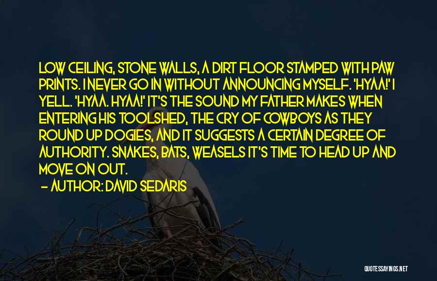 David Sedaris Quotes: Low Ceiling, Stone Walls, A Dirt Floor Stamped With Paw Prints. I Never Go In Without Announcing Myself. 'hyaa!' I