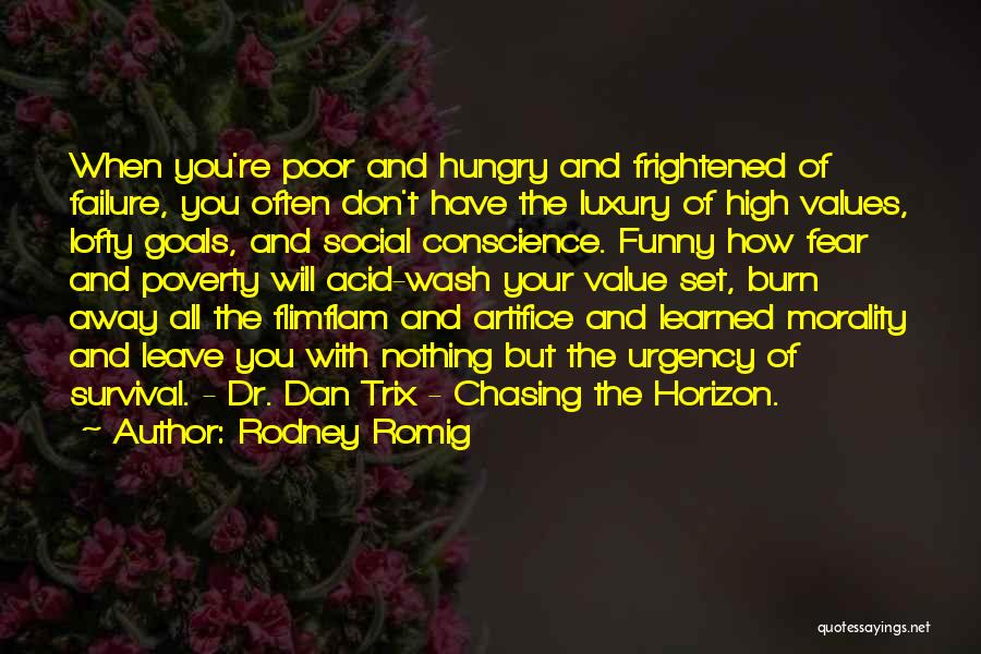 Rodney Romig Quotes: When You're Poor And Hungry And Frightened Of Failure, You Often Don't Have The Luxury Of High Values, Lofty Goals,