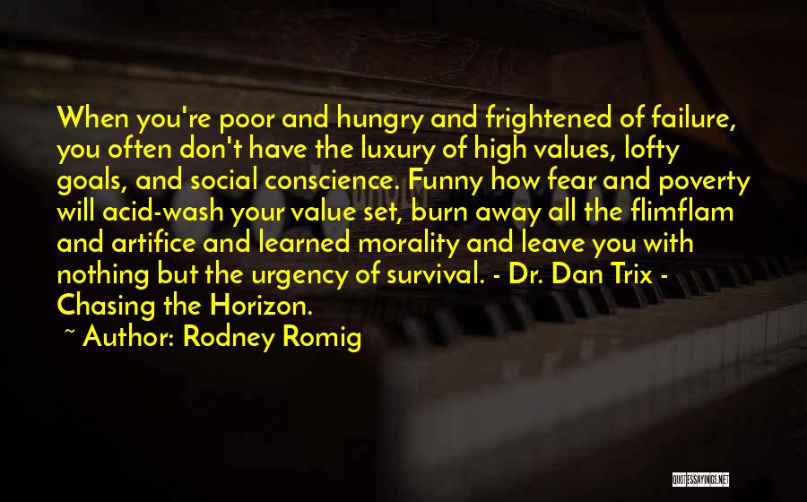 Rodney Romig Quotes: When You're Poor And Hungry And Frightened Of Failure, You Often Don't Have The Luxury Of High Values, Lofty Goals,