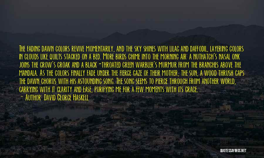 David George Haskell Quotes: The Fading Dawn Colors Revive Momentarily, And The Sky Shines With Lilac And Daffodil, Layering Colors In Clouds Like Quilts