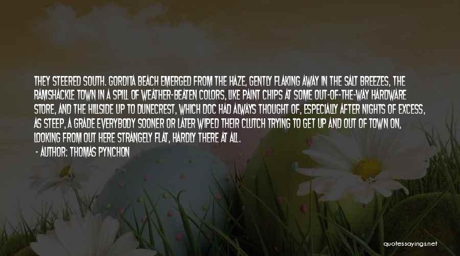 Thomas Pynchon Quotes: They Steered South. Gordita Beach Emerged From The Haze, Gently Flaking Away In The Salt Breezes, The Ramshackle Town In