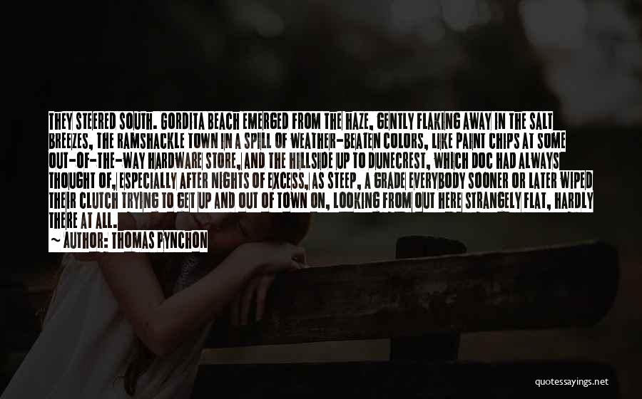 Thomas Pynchon Quotes: They Steered South. Gordita Beach Emerged From The Haze, Gently Flaking Away In The Salt Breezes, The Ramshackle Town In