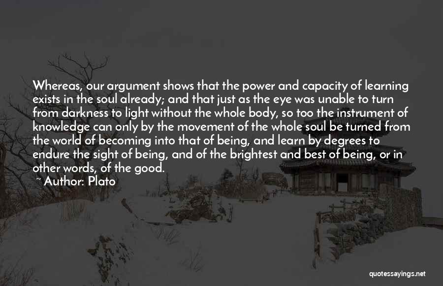Plato Quotes: Whereas, Our Argument Shows That The Power And Capacity Of Learning Exists In The Soul Already; And That Just As